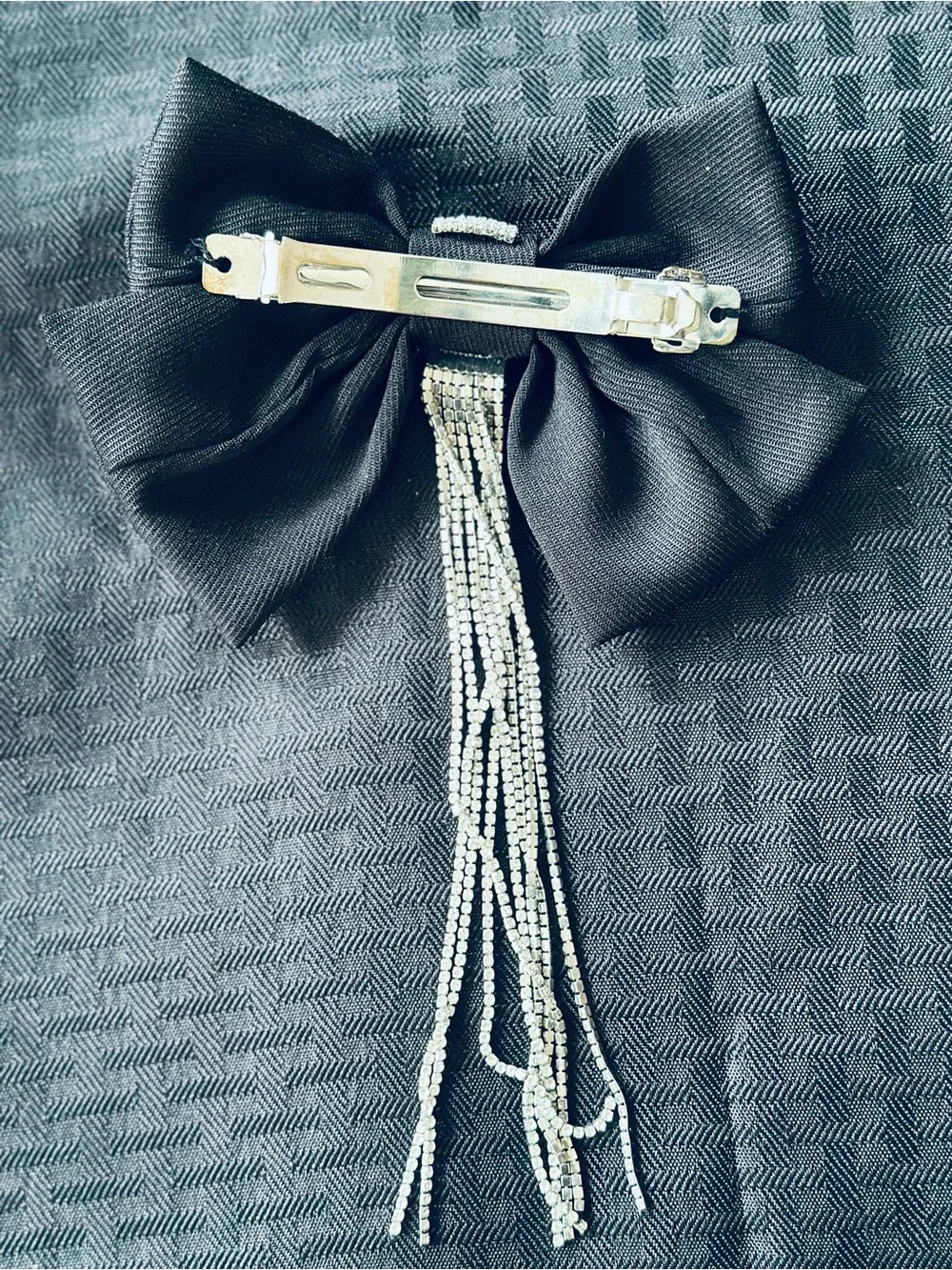 Black Fabric Bow Hair Clip with Rhinestone Tassels